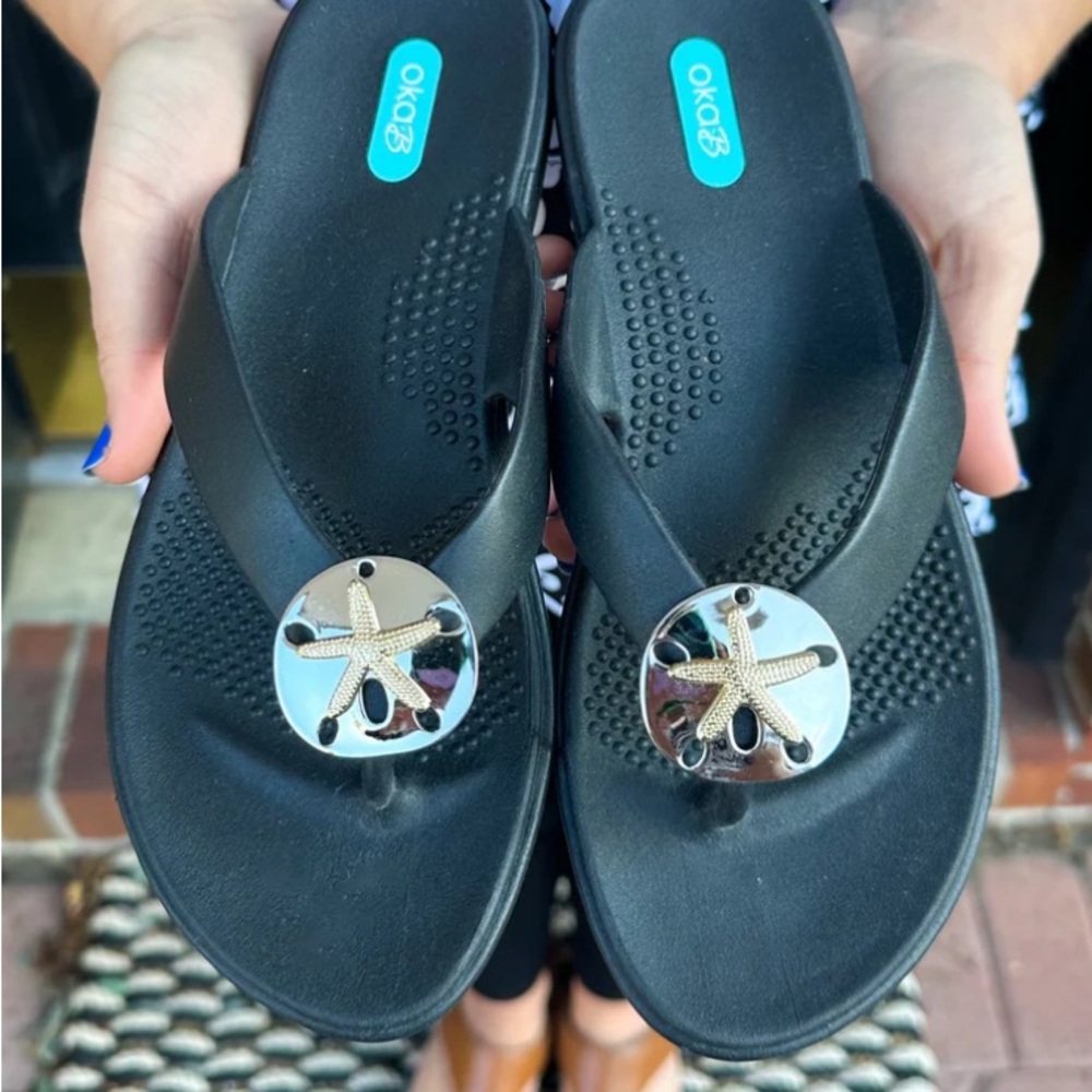 OKA b. Black Sandals with Gold Starfish Detail — Like New!